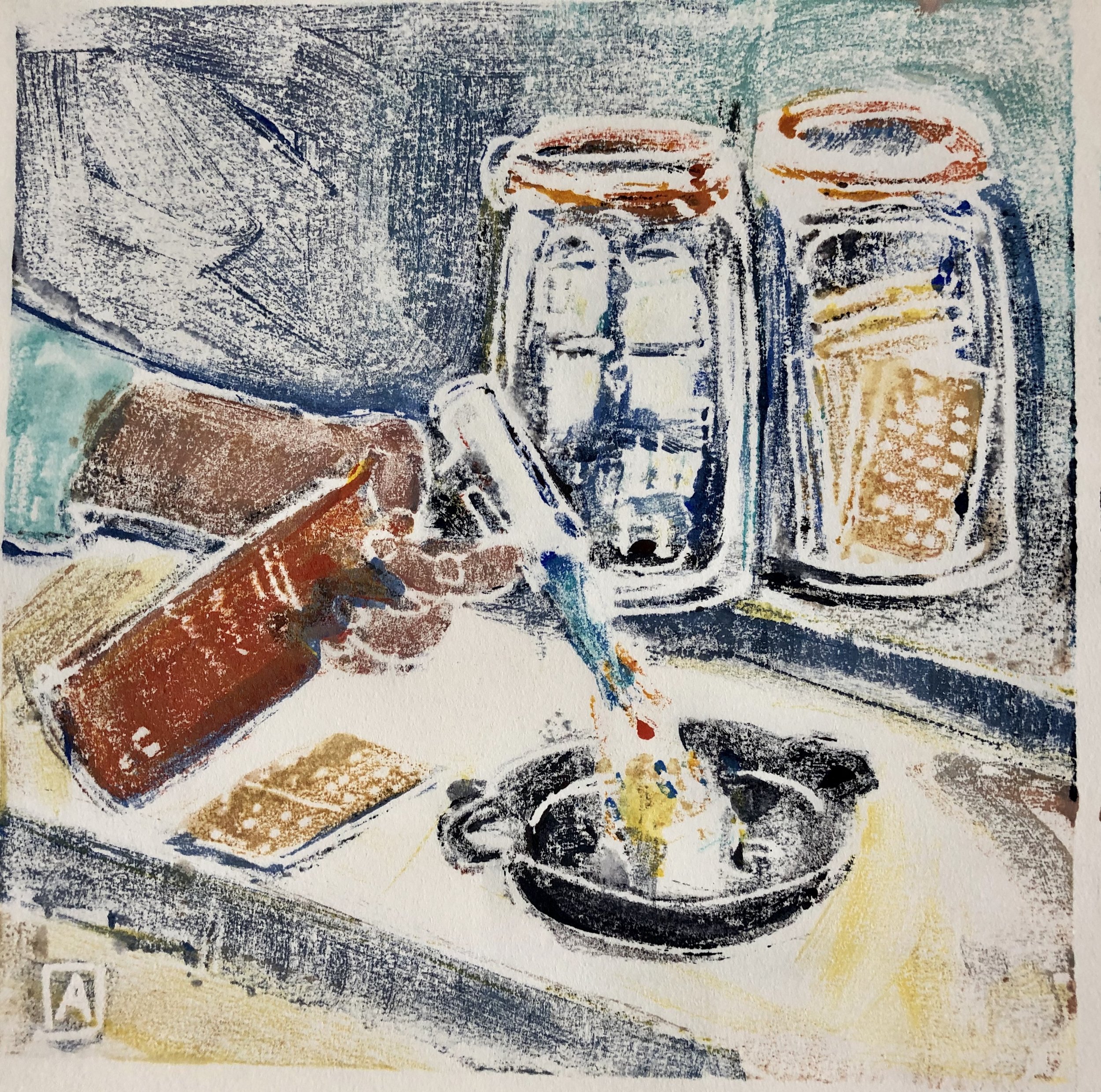 Single Smore, acrylic on paper monoprint, 6x6, $85