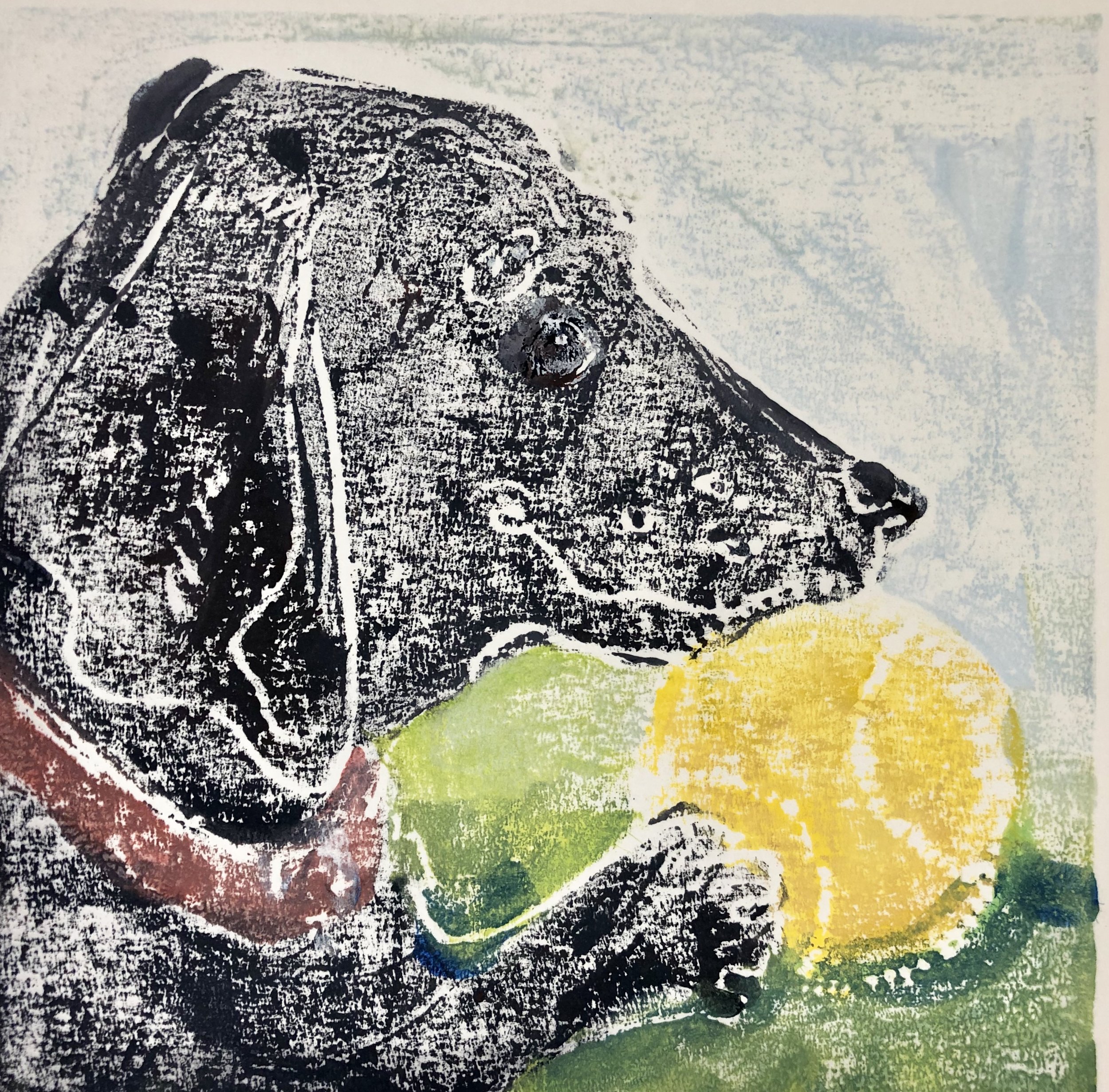 KC & the Sunshine Ball, acrylic on paper monoprint, 6x6, $85