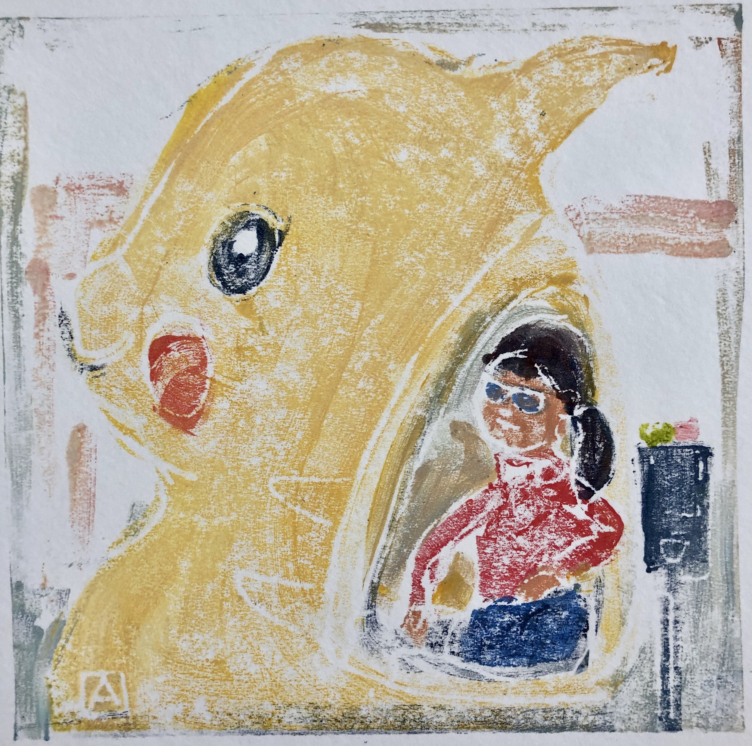 Pokemon & Girl Pak, acrylic on paper monoprint, 6x6, $85