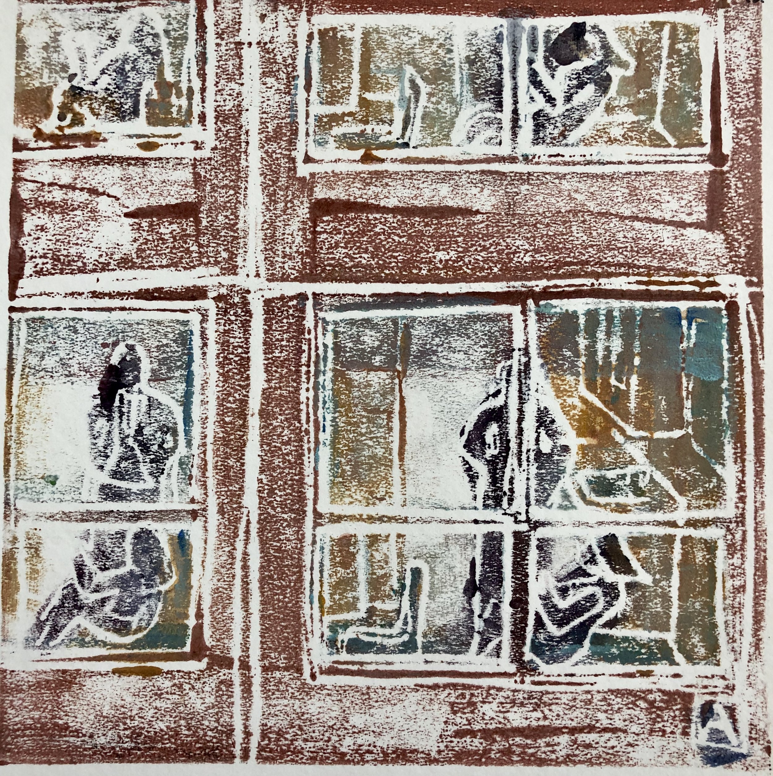 Secret Lives, acrylic on paper monoprint, 6x6, SOLD