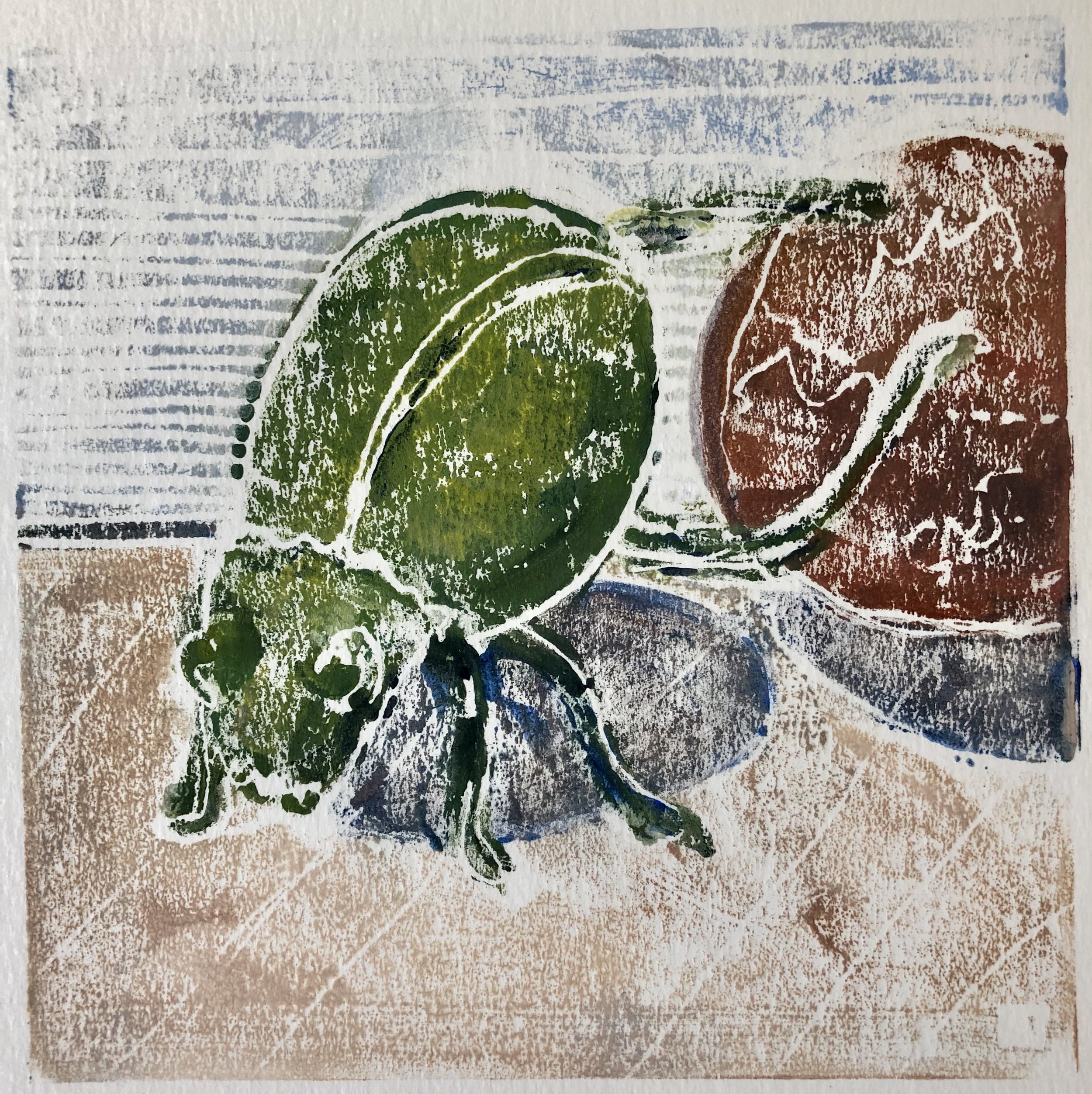 Souvenir, acrylic on paper monoprint, 6x6, $85