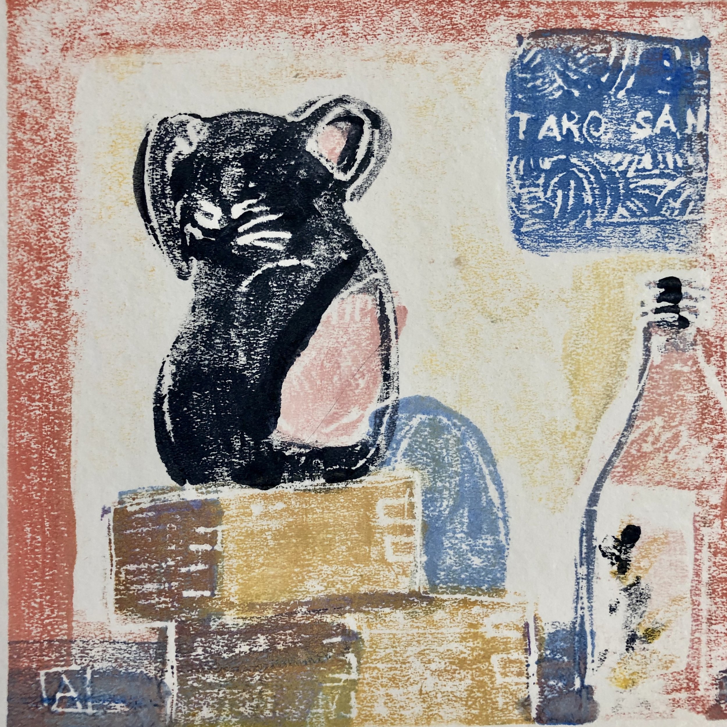 Black Cat Sake, acrylic on paper monoprint, 6x6, $85