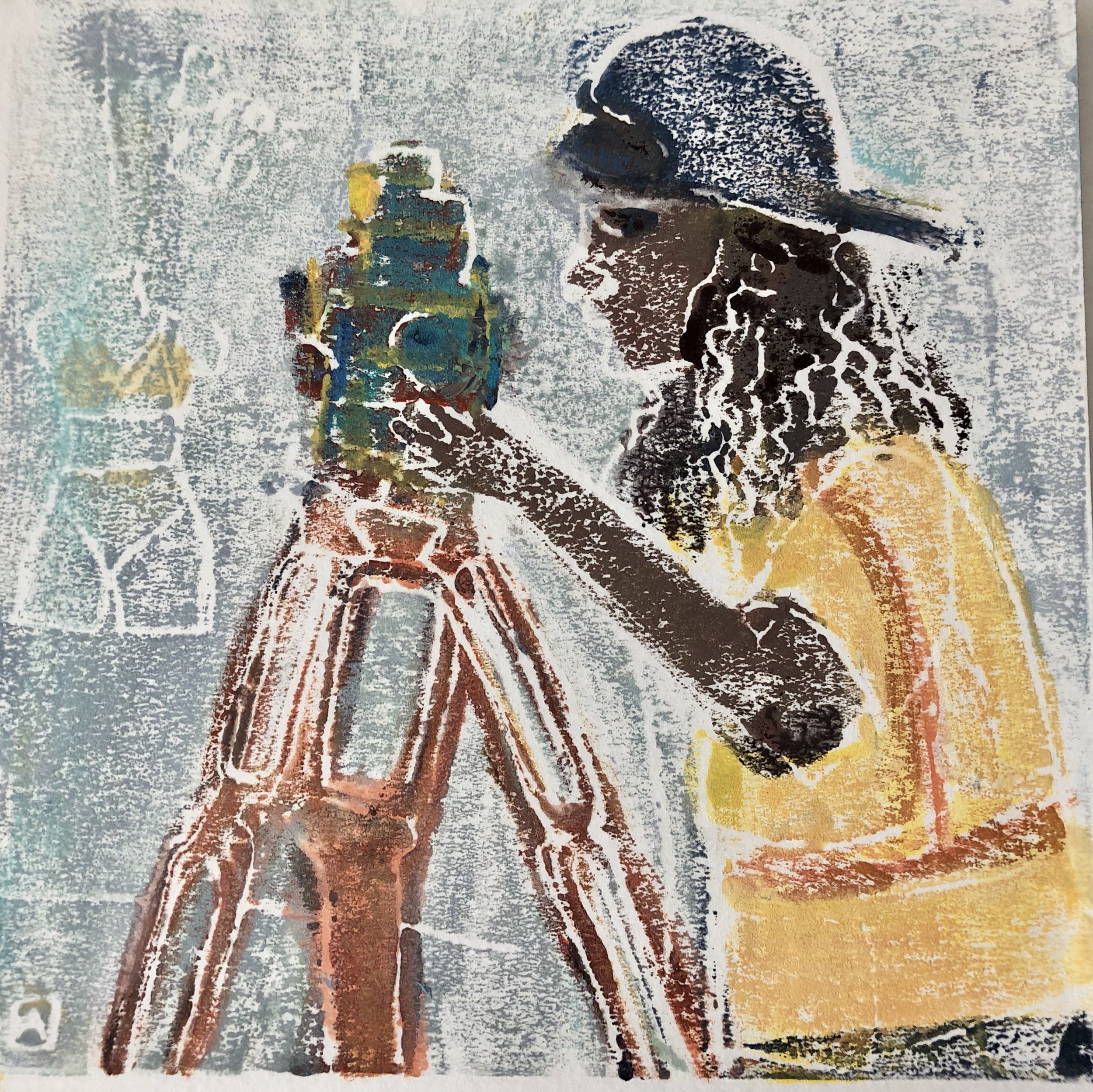 Waikiki Surveyor, acrylic on paper monoprint, 6x6, $85
