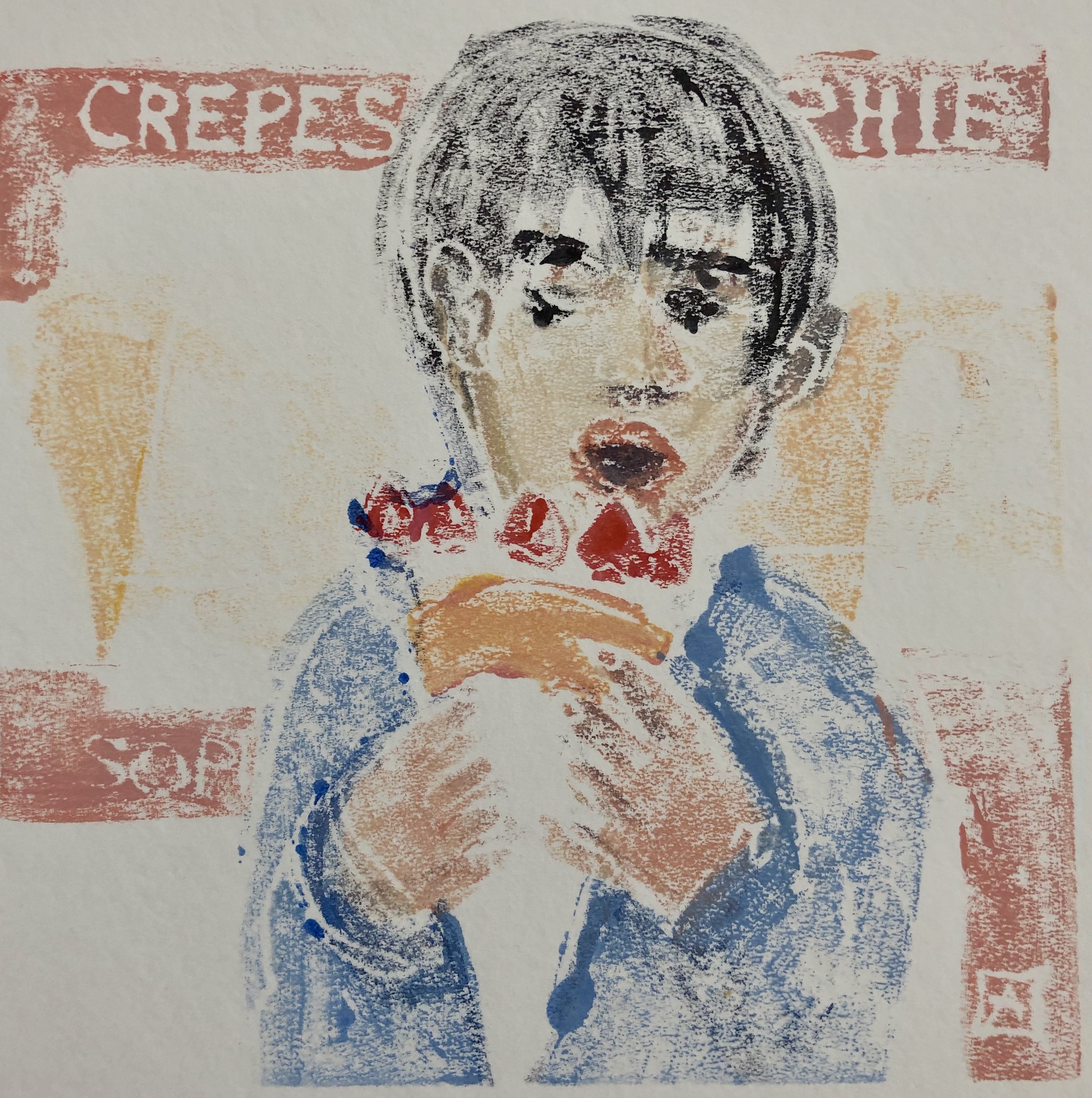 Crepe Date, acrylic on paper monoprint, 6x6, $85