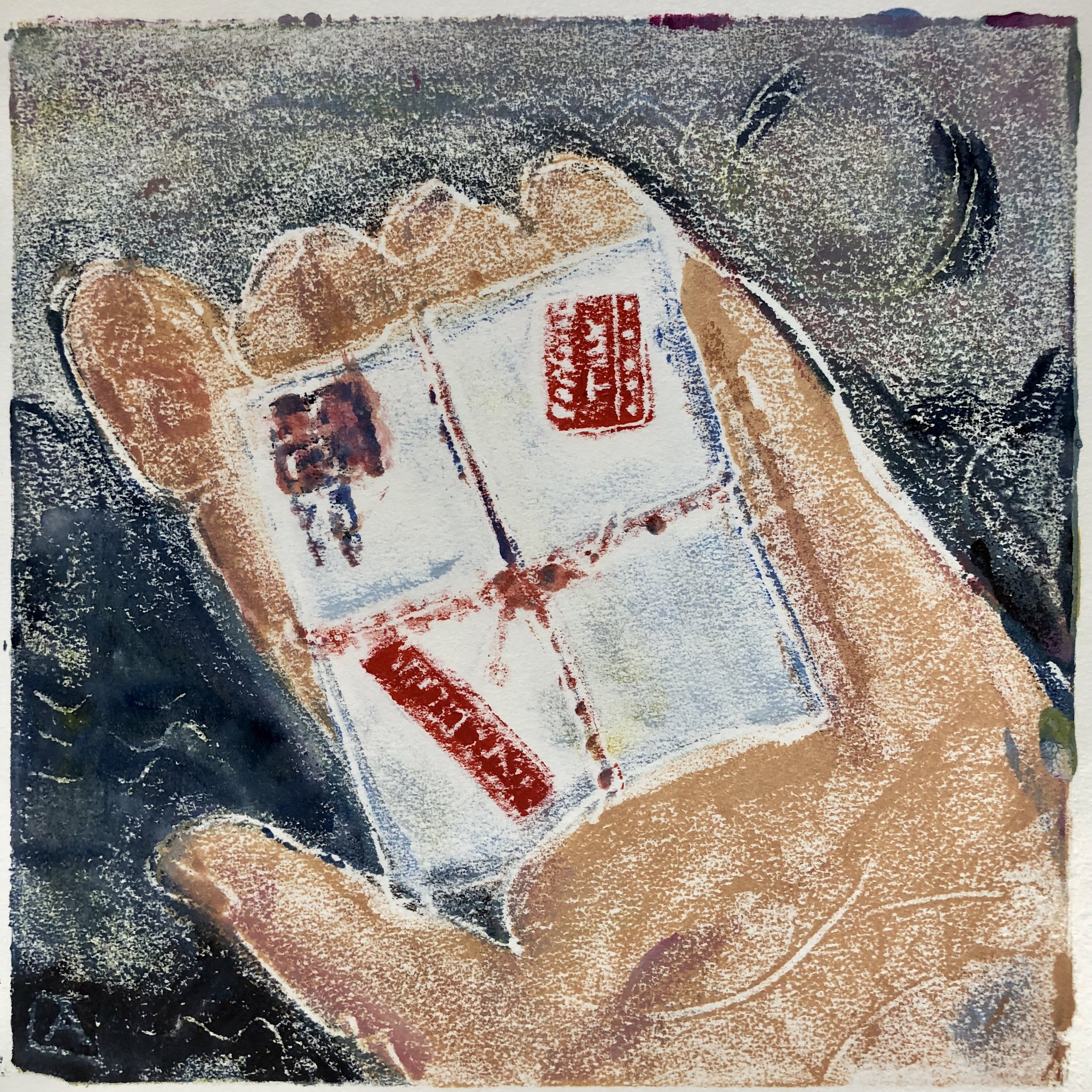 Hand Delivery, acrylic on paper monoprint, 6x6, $85