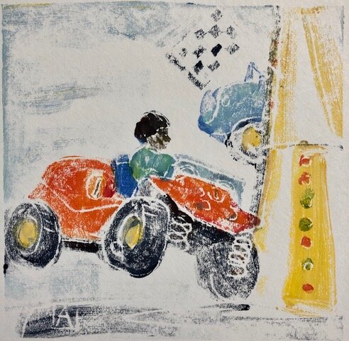 Buggy Ride, acrylic on paper monoprint, 6x6, SOLD