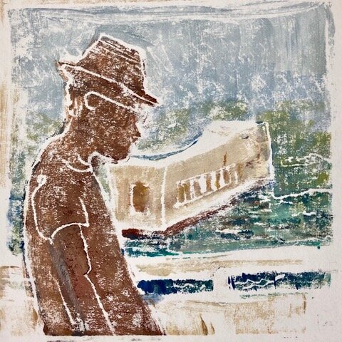 Pearl Harbor Man, acrylic on paper monoprint, 6x6, SOLD