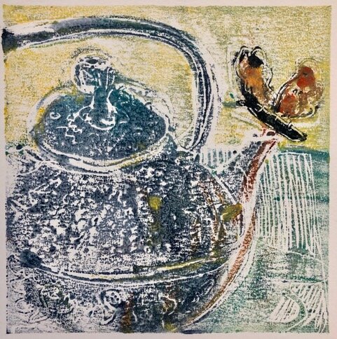 Tea at Nepenthe, acrylic on paper monoprint, 6x6, SOLD