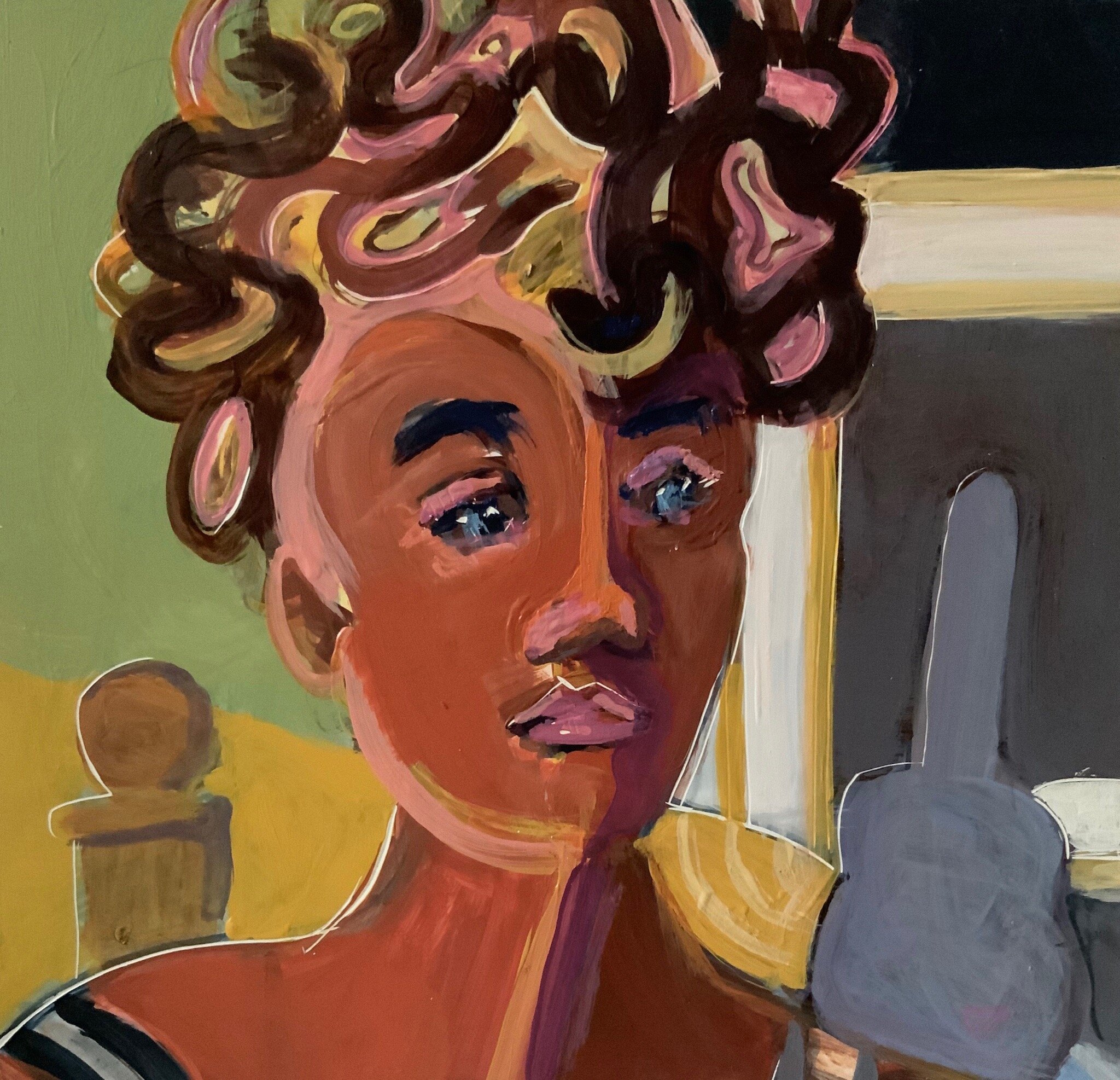 Vanessa de Milo, 6x6”, acrylic on clay board, $85