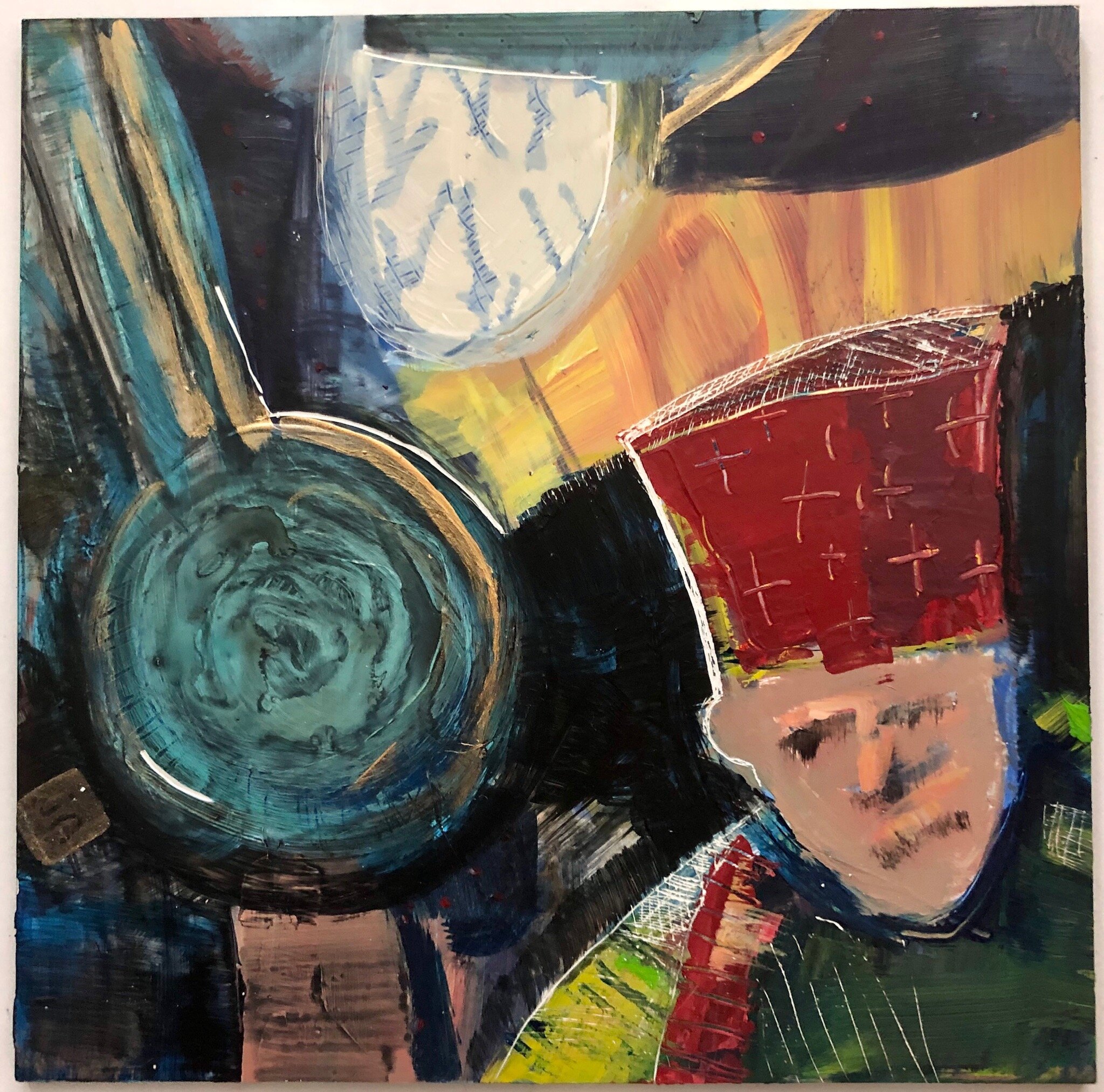 Fezmerize, 6x6", acrylic on clay board, $85