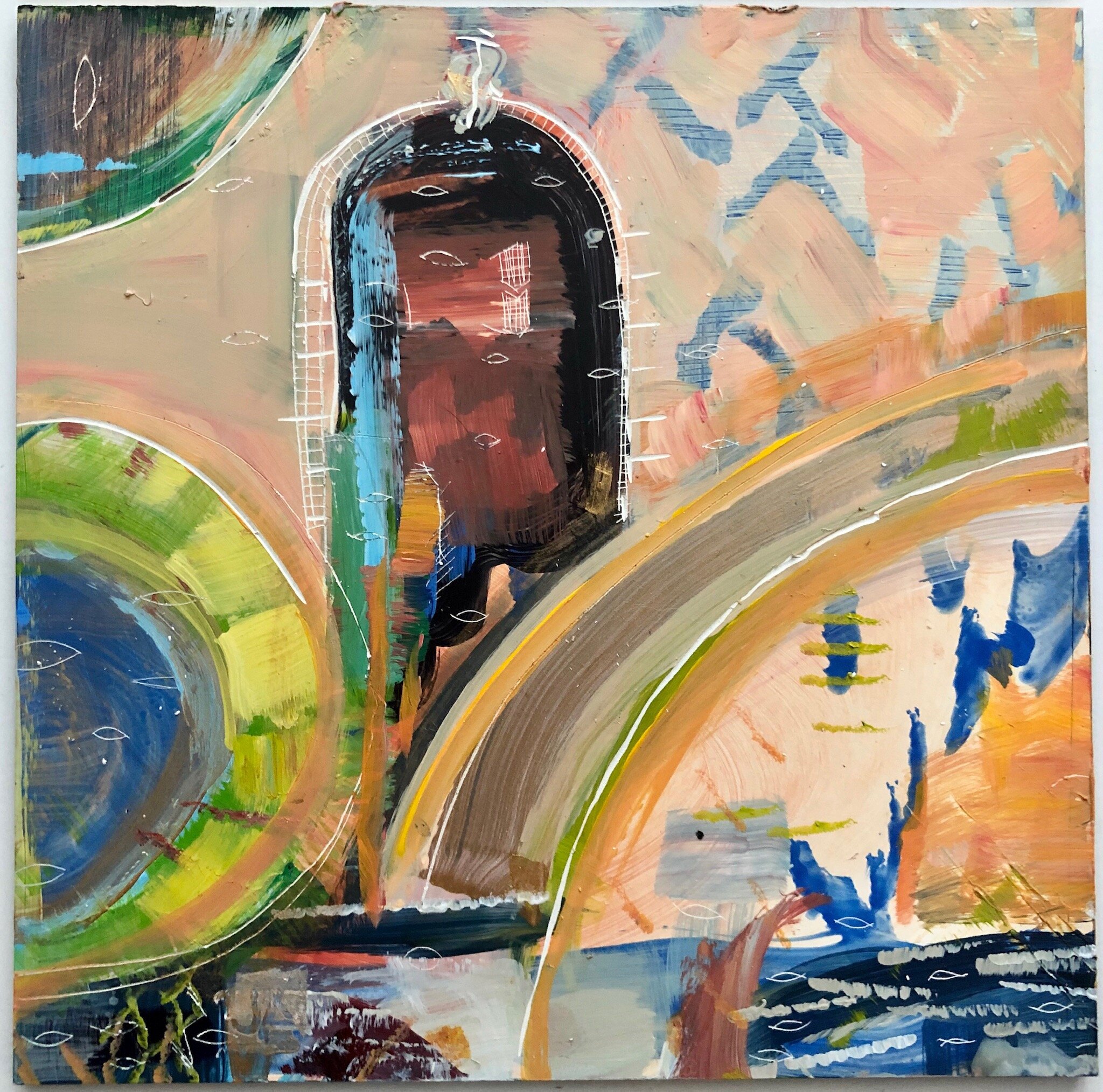 Enter Here, 6x6", acrylic on clay board, $85