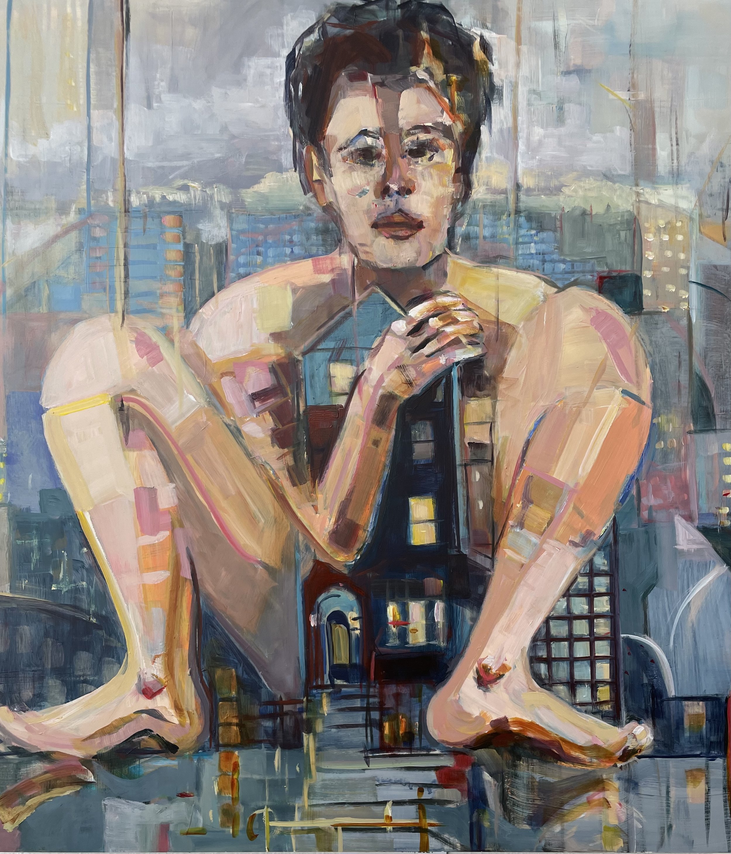 Man About Town, 30"x30"x2", acrylic on clay board, 2021