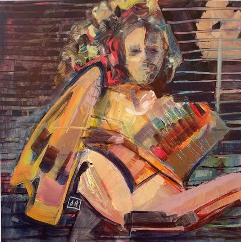 Grilla Girl, 12"x12", acrylic on clay board, 2021, $350