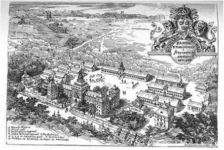 Postkort på den nyuppförda kavallerikasernen på Ladugårdsgärdet, 1898.
