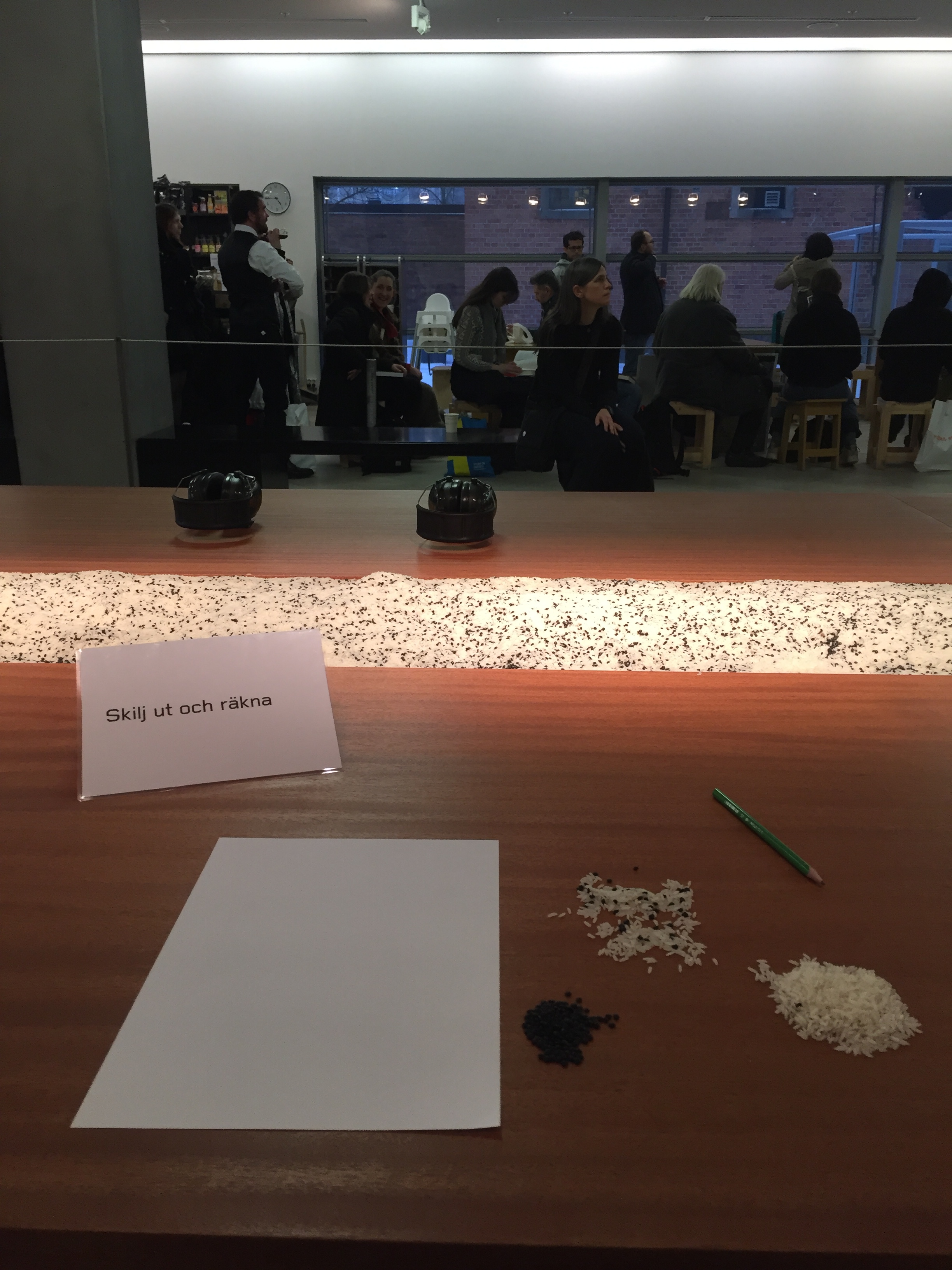 Counting the Rice, 2015. Övning med publikdeltagande ur en serie workshopar betitlade "Cleaning the House" (1979–). I bakgrunden kön till Marina Abramovics signering av självbiografi och utställningskatalog, Moderna Museet i Stockholm den 8 mars 2017.