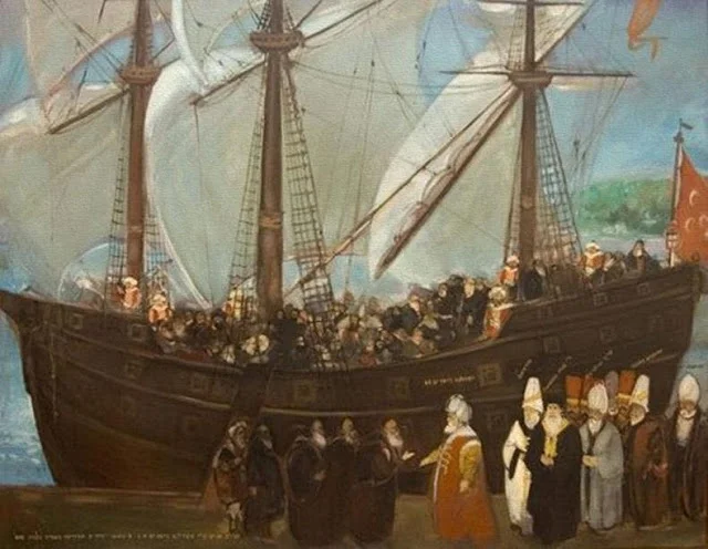 Målningen föreställer flyende judar som välkomnas av ottomaner, konstnären sägs vara Mevlut Akyildizk (Ottoman Imperial Archives).