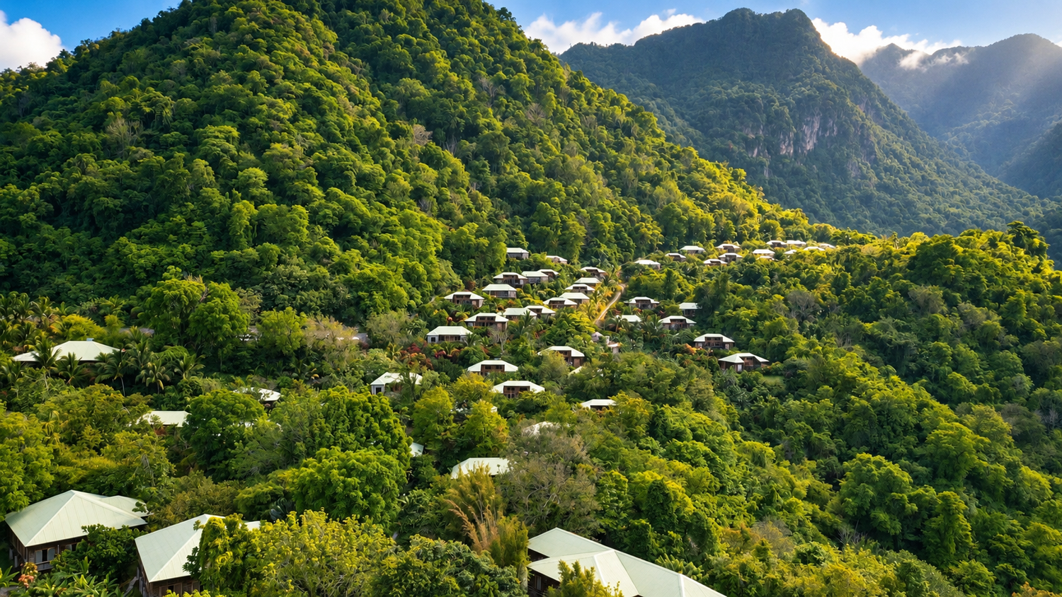 Jungle Bay Dominica surrounded by green tropical mountains