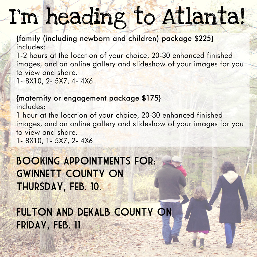 Going South
My family and I are heading down south looking for warmer weather and to rejuvenate ourselves with our family and friends.  I will be booking photo sessions in Atlanta, Georgia.  I will be taking engagement pictures for my sister in Orla…