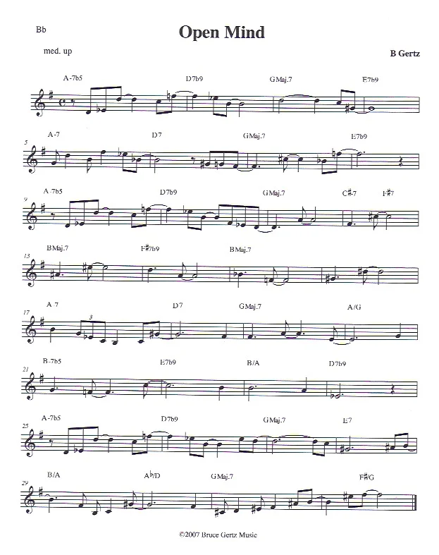 Title track from Open Mind on Open Mind Jazz, OMJ-004 with Jerry Bergonzi, Phil Grenadier, Gabriel Guerrero and Austin McMahon, (Bruce Gertz Quintet)