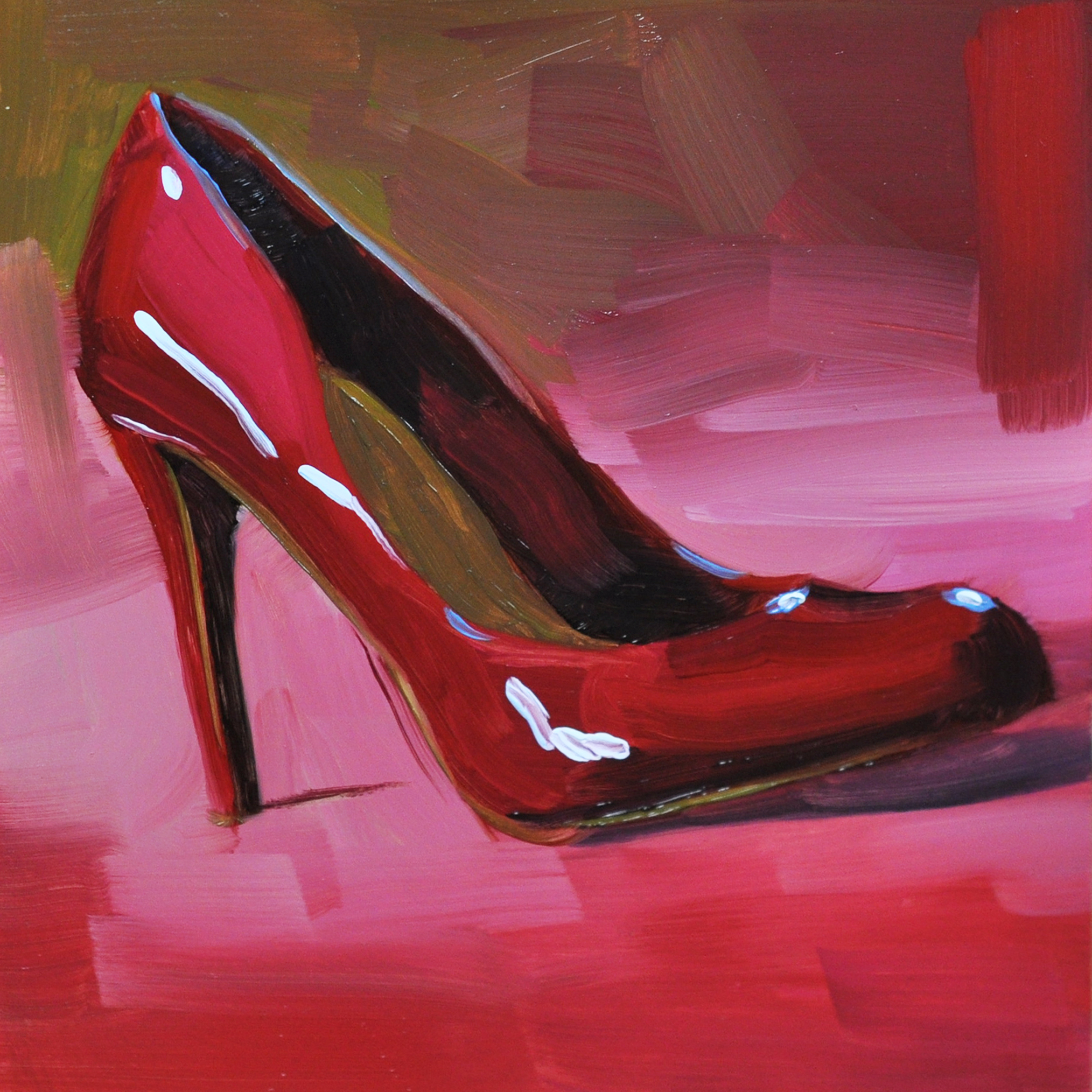 "Red Pump" oil on smooth Ampersand panel, 6"x6", $50.