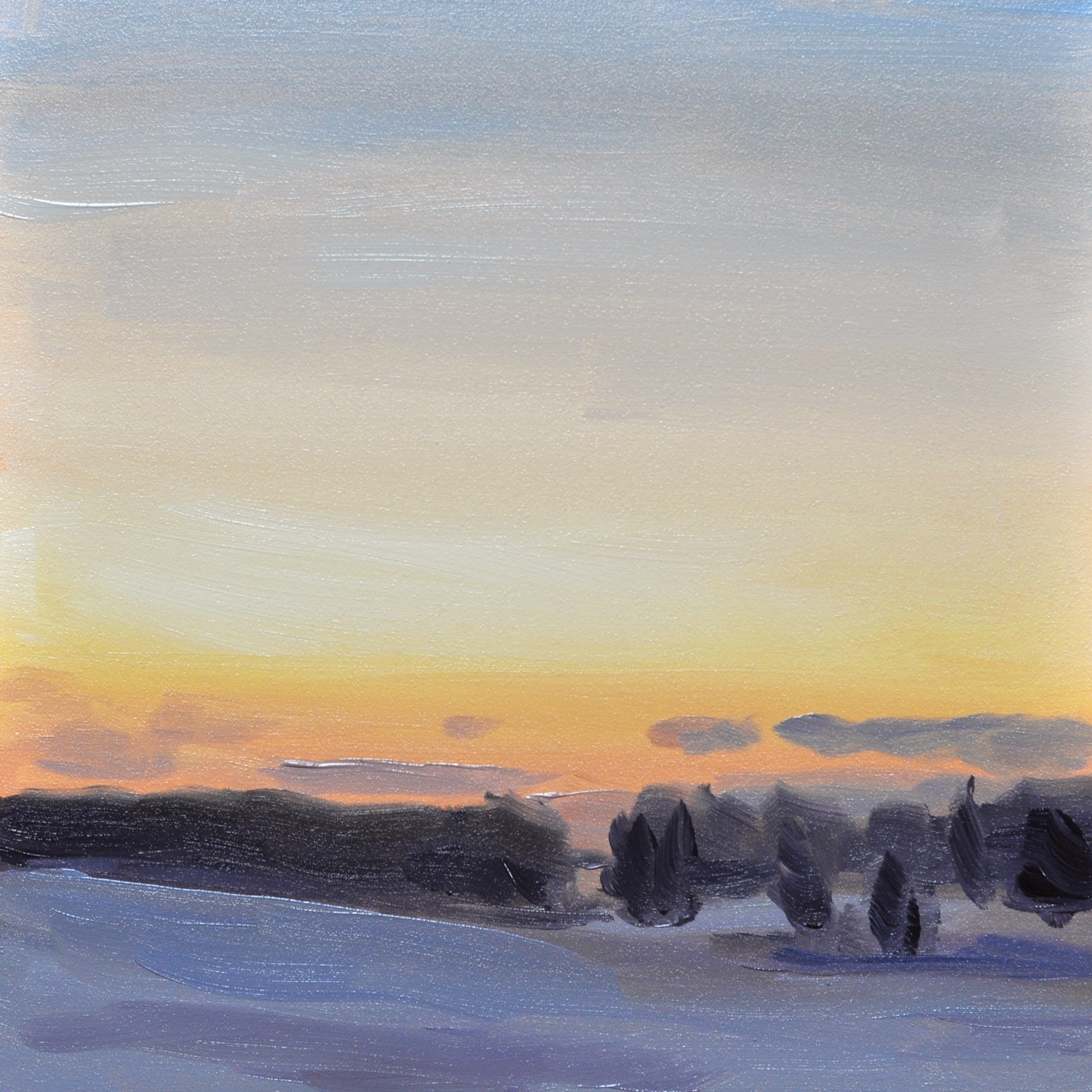 "Winter Sunset", oil on flat panel gessobord, 6"x6", $50