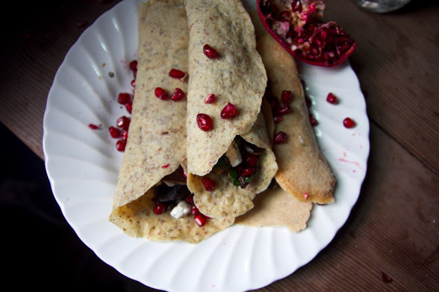 Almond Flour crepes with wilted chard, leek, goat, apple, and goat Cheese