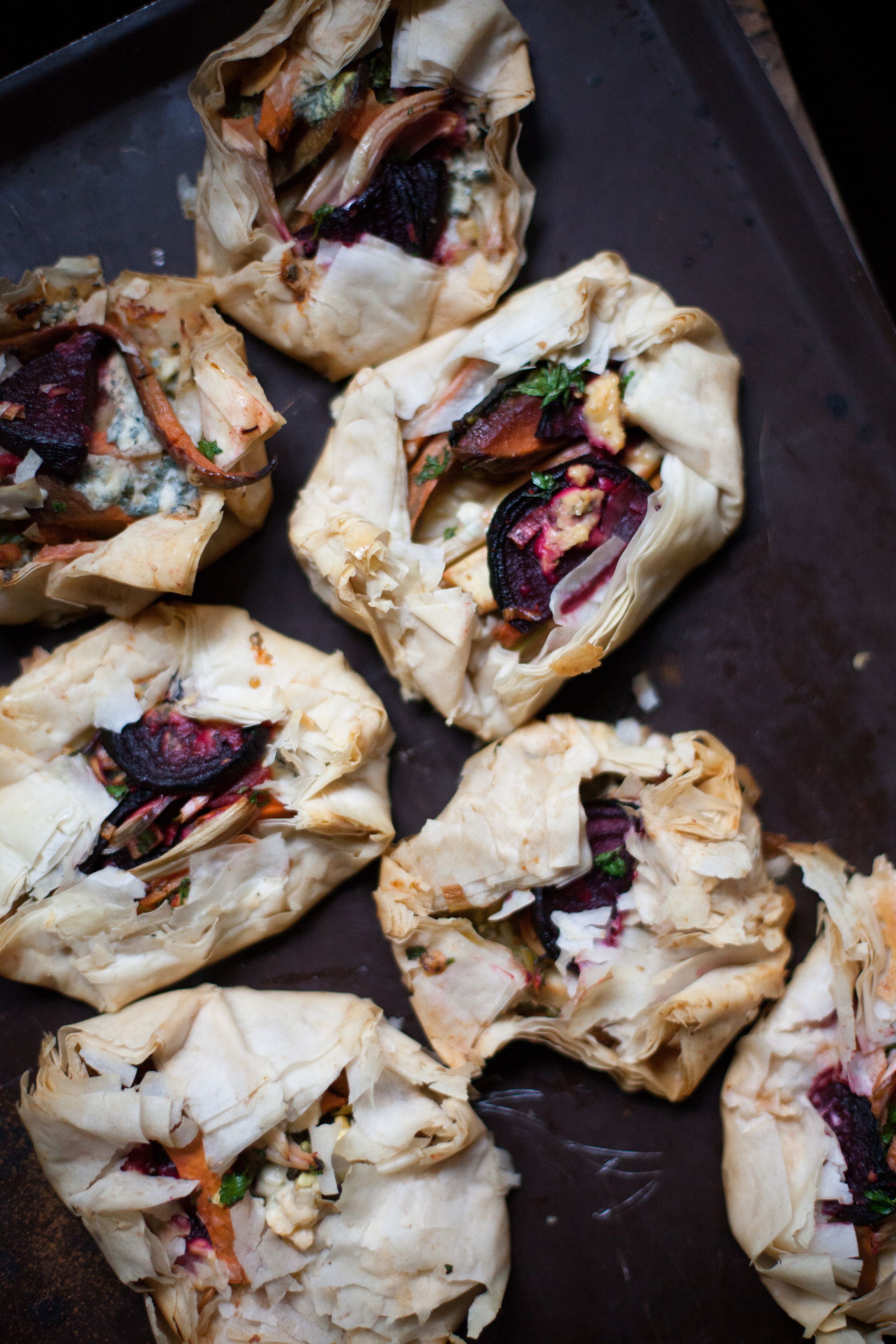 little winter root phyllo galettes with gorgonzola cheese