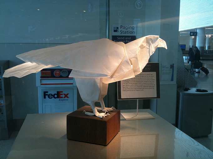 Robert J Lang origami falcon at the San Jose Airport , originally uploaded by margaretgouldstewart .