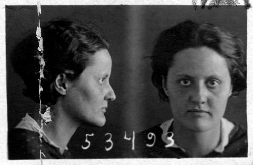 Mugshot of Eva Zeisel upon her incarceration at NKVD prison in Russia, 1936. 