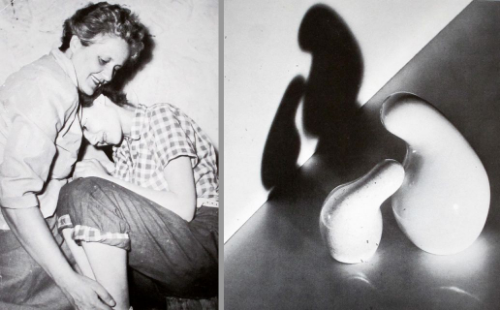 Eva Zeisel and her daughter Jean (left), and “Schmoo” mother and child salt and pepper shakers (right), showing that art truly imitates life. From Eva Zeisel: Designer for Industry , 1984