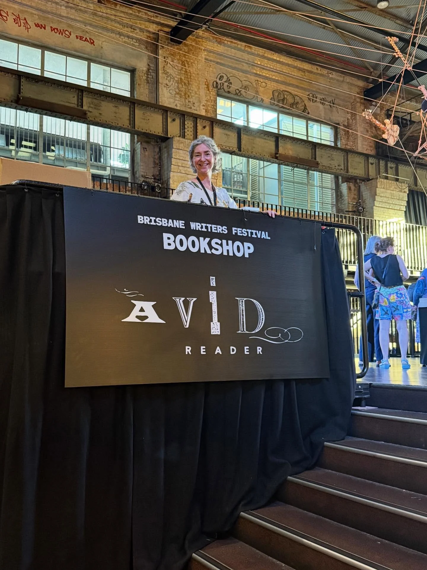 One of my favourite photos from @briswritersfest last weekend is this one of @fionastager, sentinel of @avidreader bookshop set up on the Turbine Platform @bris_powerhouse on #loveyourbookshopday It&rsquo;s a mammoth task to bring the thousands of bo