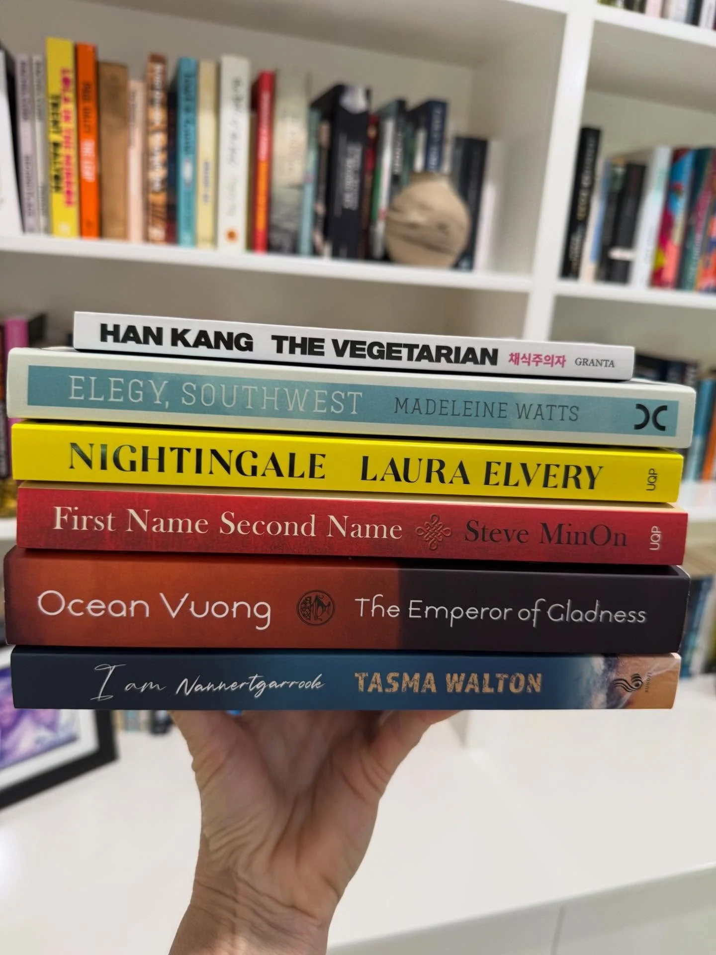 Some of my fave reads for 2025. 

FICTION
THE VEGETARIAN by Han Kang
ELEGY, SOUTHWEST by @madeleine_watts 
NIGHTINGALE by @lauraelvery 
FIRST NAME SECOND NAME by @steveminon 
THE EMPEROR OF GLADNESS by @ocean_vuong 
I AM NANNERTGARROOK by @tasma_walt