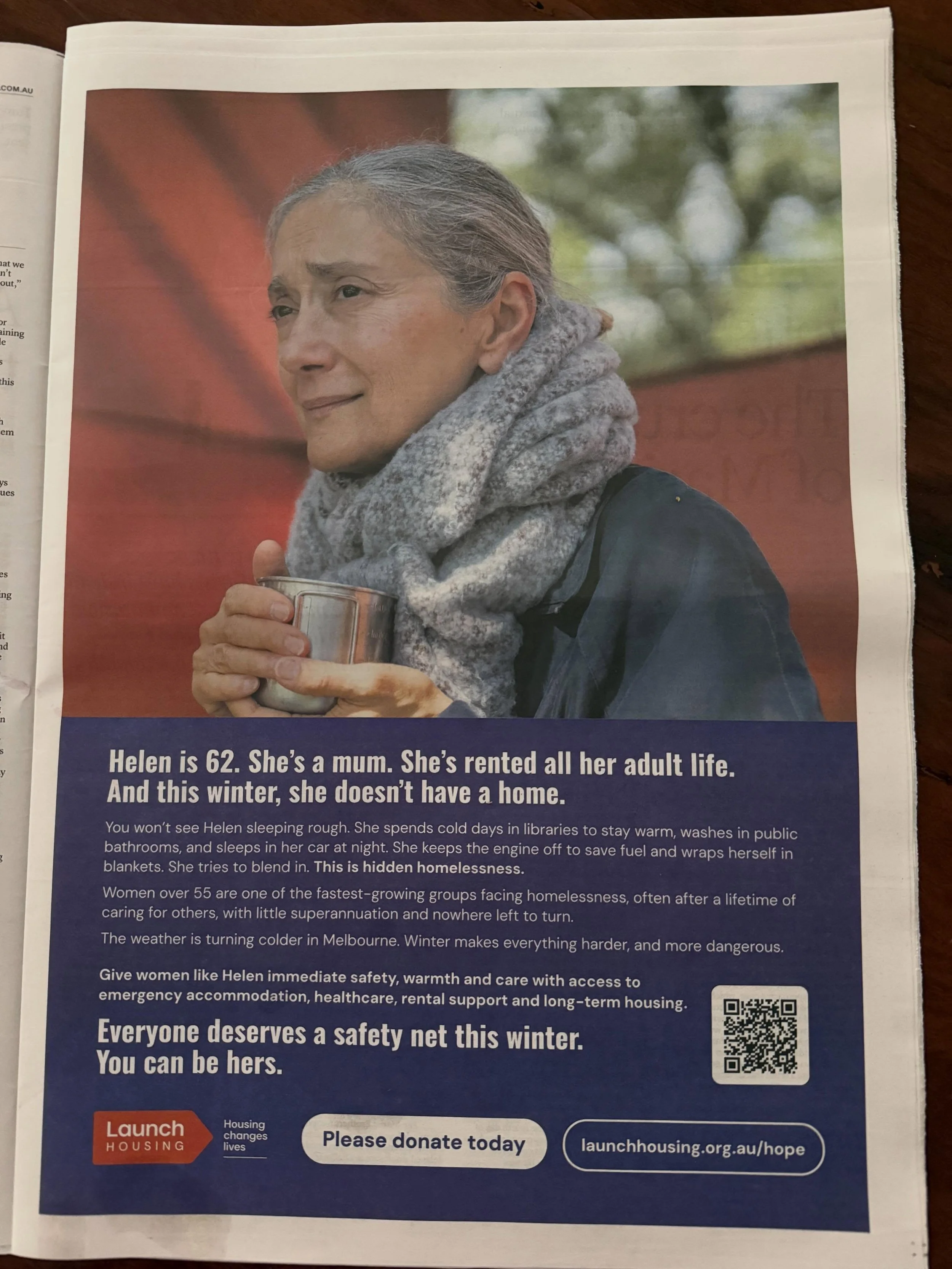 I was so pleased to see this full page ad in the @satpaper on the weekend for @launchhousing. To me it reflects that housing insecurity of older women is slowly getting the recognition it deserves in Australia, certainly given an estimated 240,000 wo