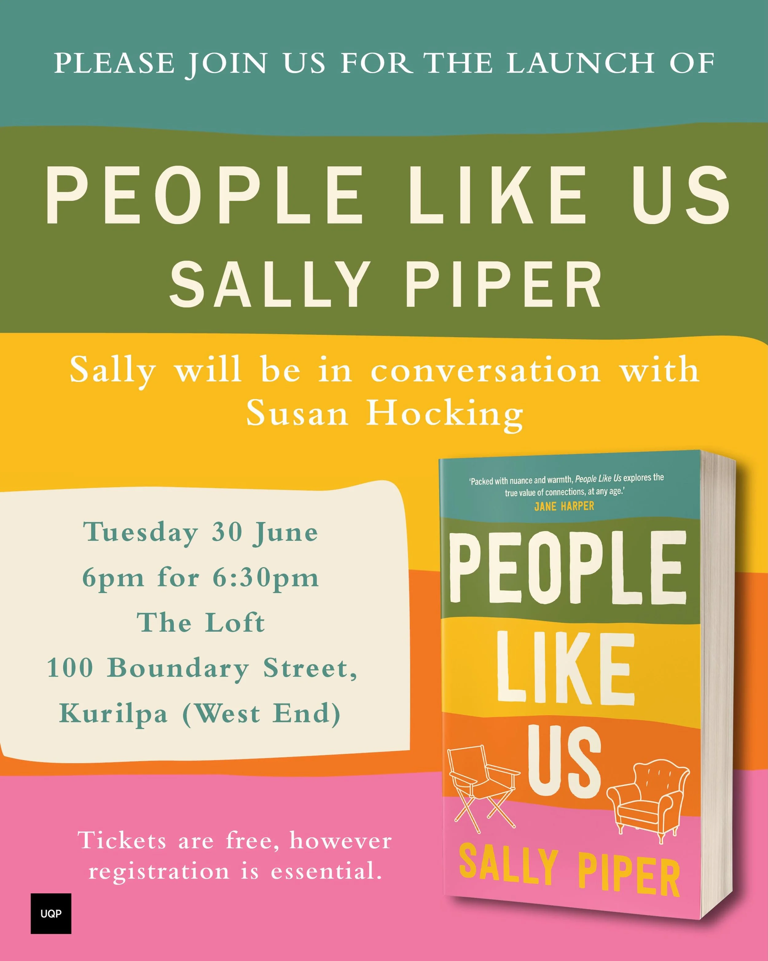Five weeks today till PEOPLE LIKE US is published. 

I&rsquo;d love to see you at the launch to be held on publication day at The Loft in West End, where I&rsquo;ll be in conversation with Susan Hocking.

I&rsquo;ll be donating my royalties from book