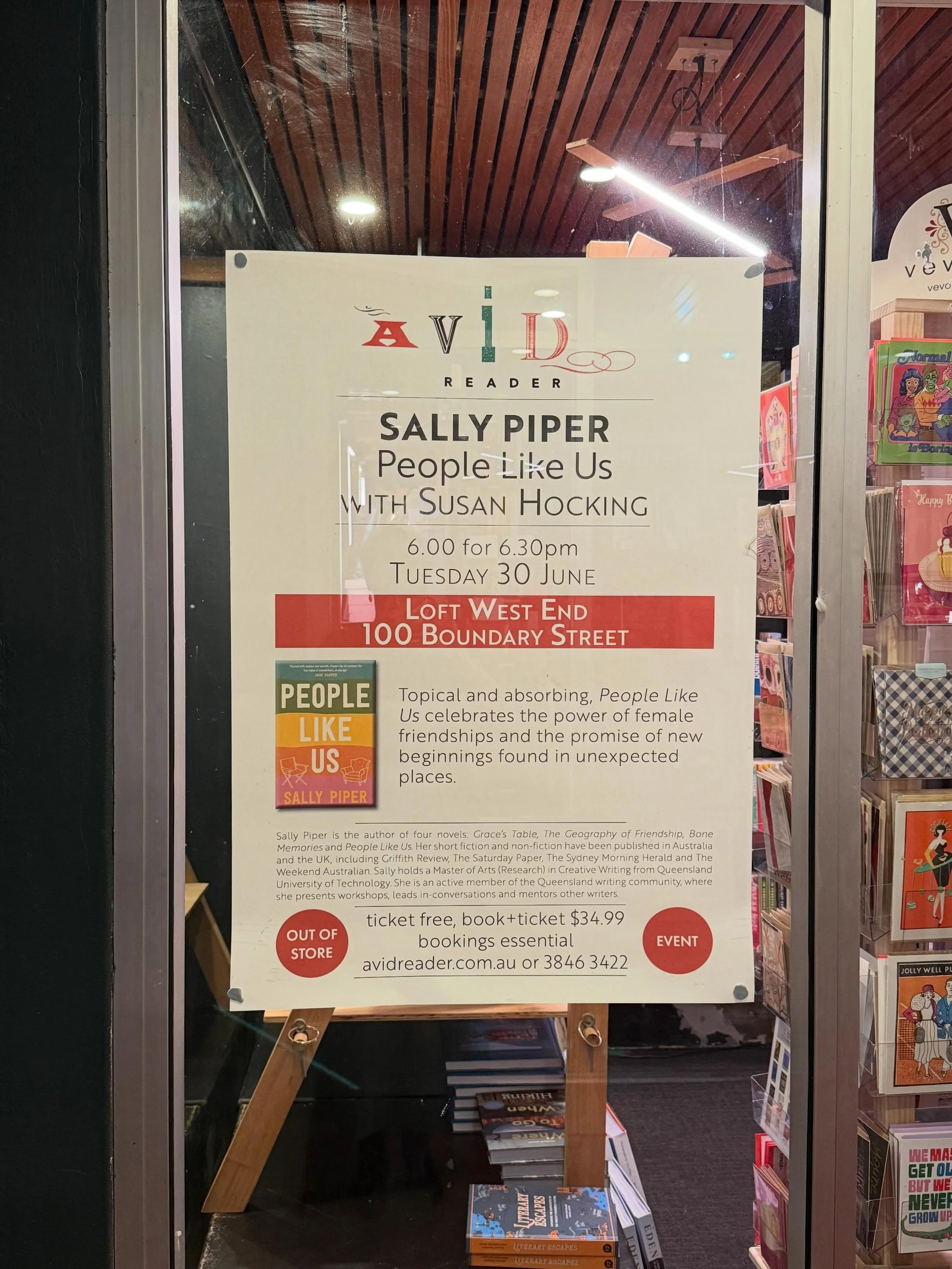 When your pals @avidreader bookshop put the poster for your book launch in the window at the shop&rsquo;s front door, your heart swells 💗
