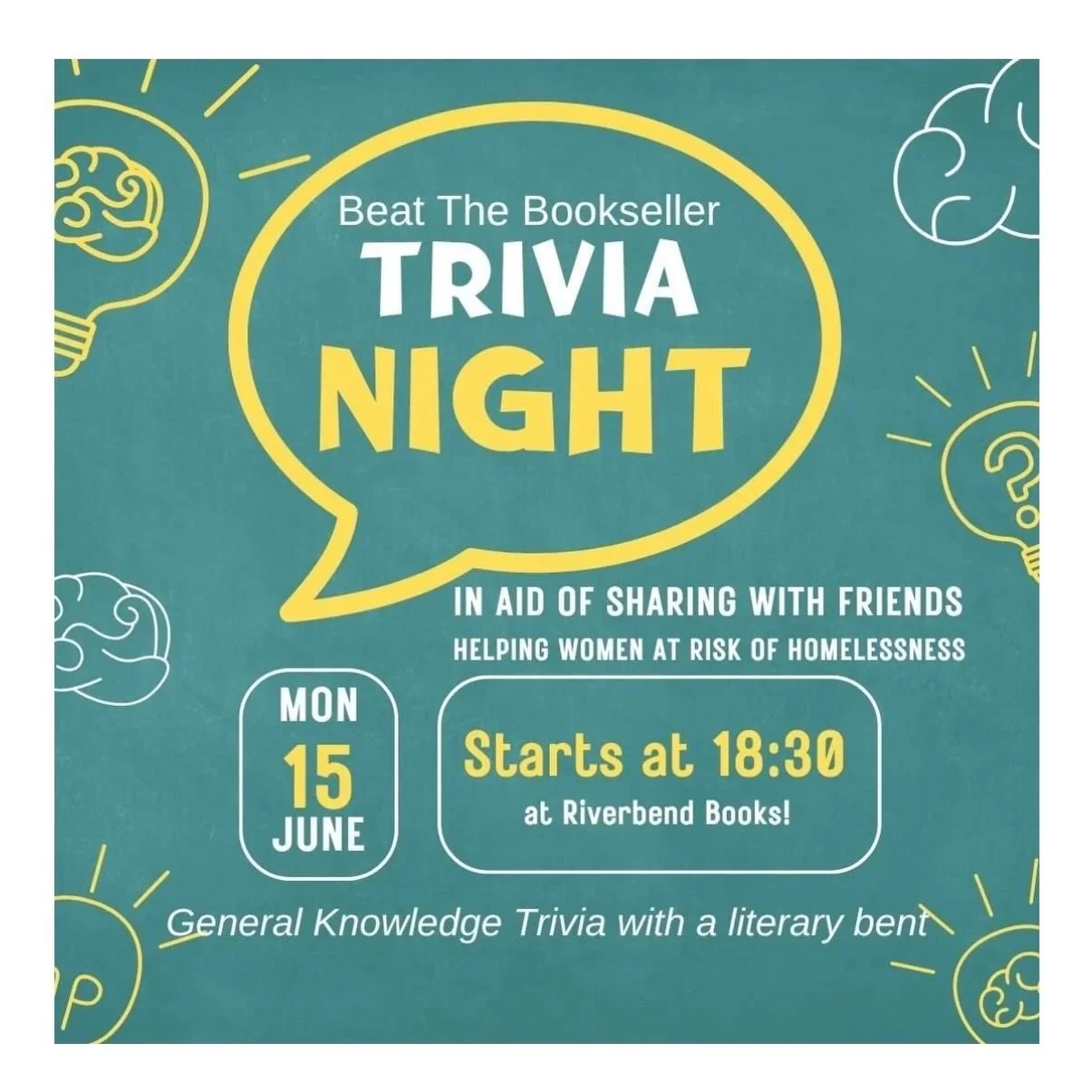To anyone wanting to pit their literary trivia wits against the scarily literary savvy booksellers @riverbendbooks, then here&rsquo;s your chance! And this month, proceeds from the night will be donated to @sharingwithfriends_foundation - a charity d