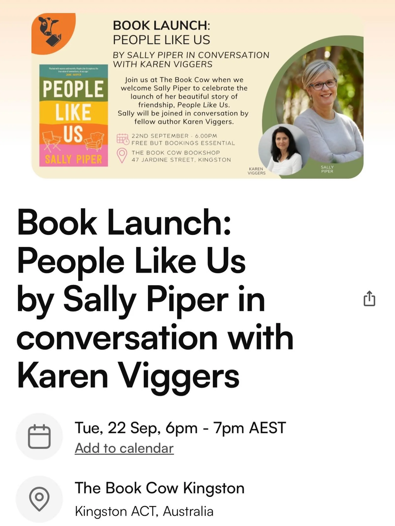I&rsquo;m very excited to be going to Canberra where I&rsquo;ll be sitting down with Karen Viggers, a writer whose work I admire, to chat about PEOPLE LIKE US at Book Cow in Kingston on Tuesday 22 September at 6pm. It&rsquo;s a free event but you wil