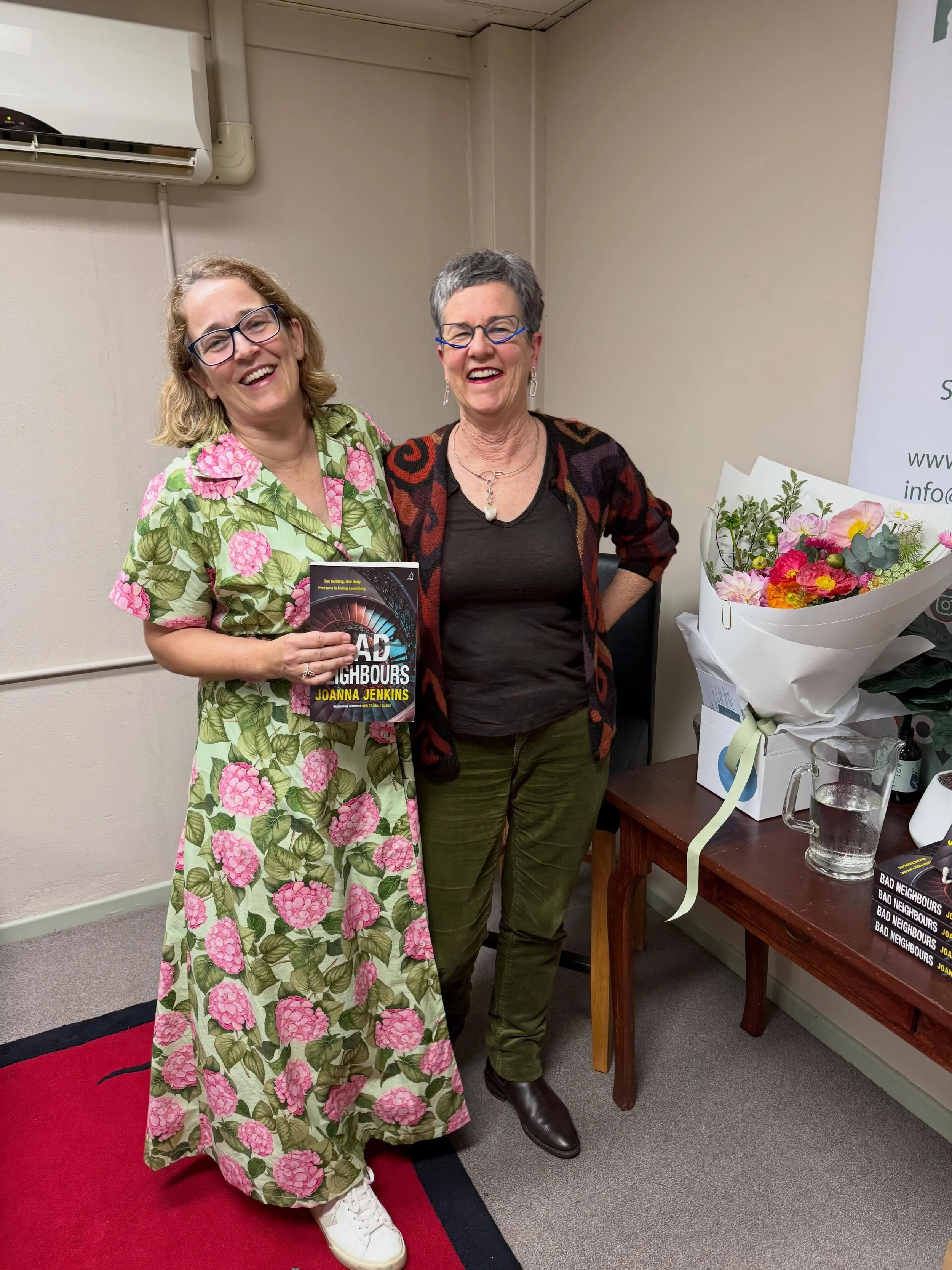 I love the author interviewing (interrogating) style of these two, so to have them both in the tall chairs at the same time @booksstones last night was a real treat. Can&rsquo;t wait to start @joanna.jenkins.writer new crime novel BAD NEIGHBOURS beca