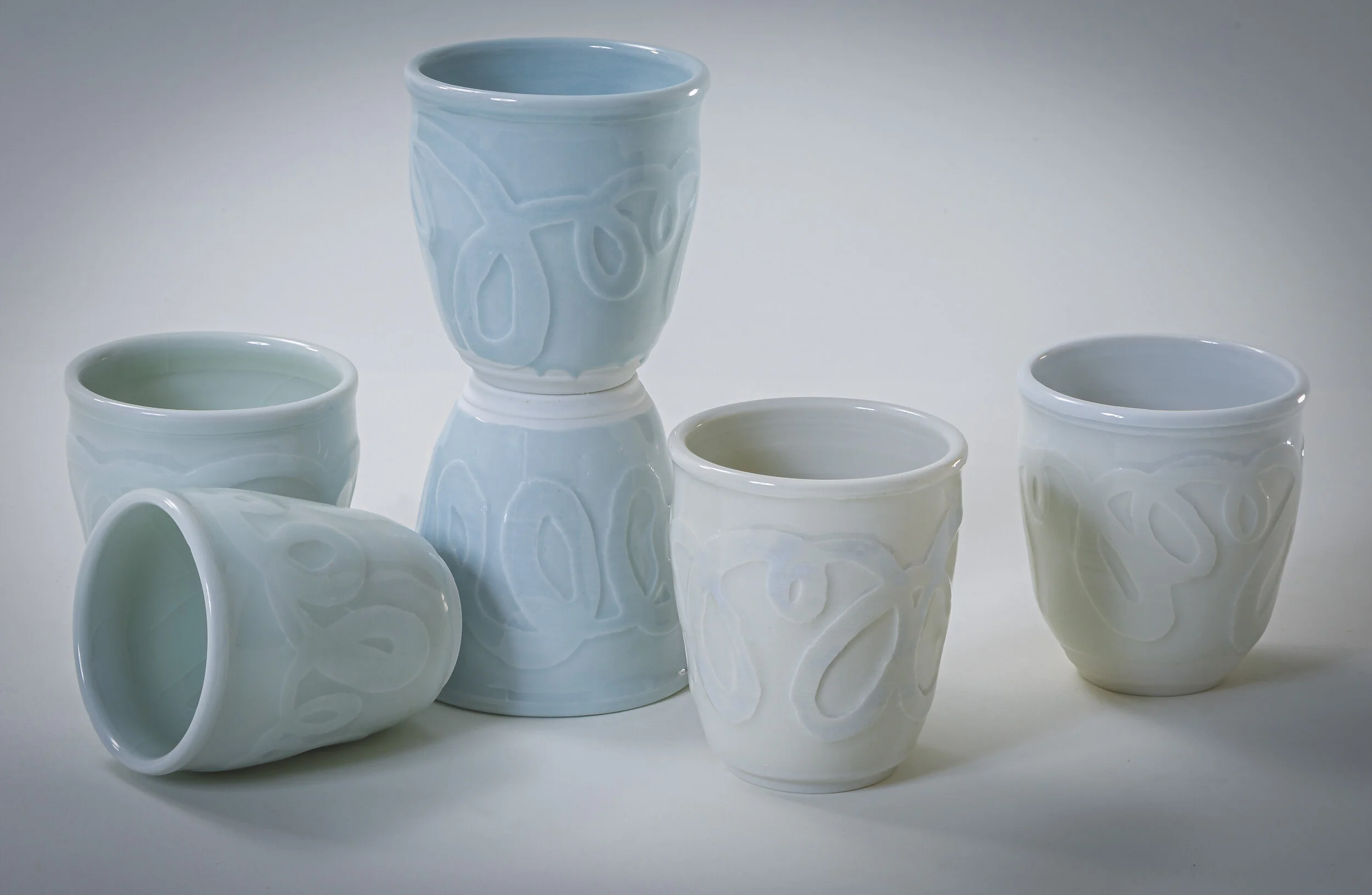  8 oz “Scribble” Cups: Celadon (various) over Water-etched Porcelain 