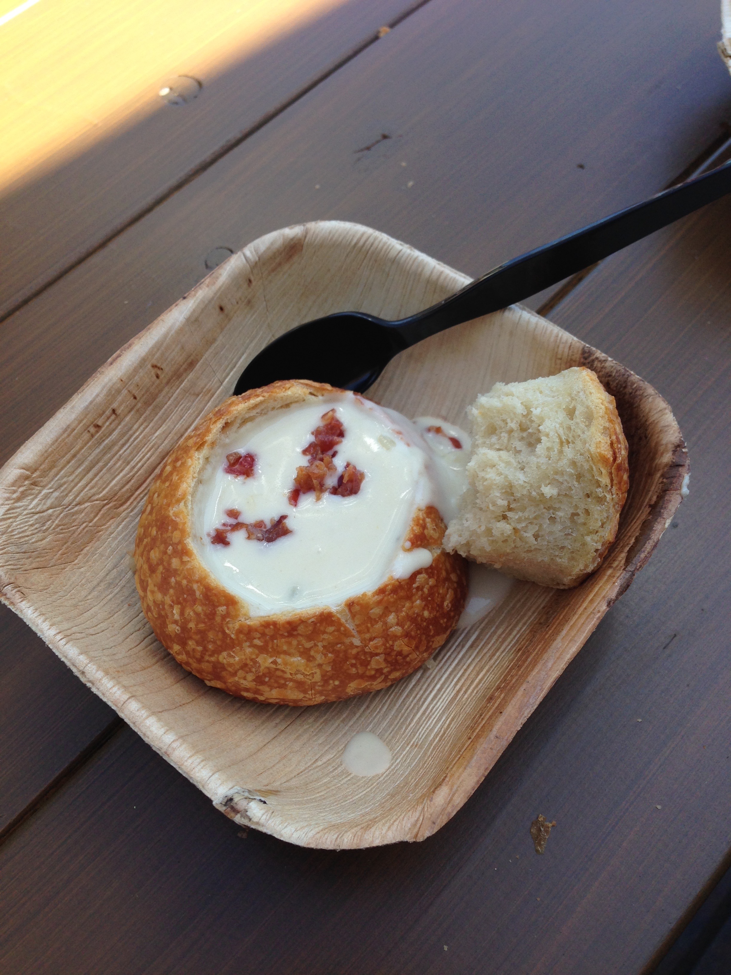 *White Cheddar Ale and Bacon Soup in a Mini Boudin Sourdough Bowl (By the Bay booth)