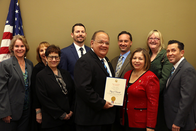 Back: Kristin Maithonis, Denise Fanelli, Ian Nevarez, Kristin Martin, Jennifer Byram. Front: Nancy Spiegler, Mayor Mike Mendez, Rep. Linda Sanchez, Jesus Sanchez.