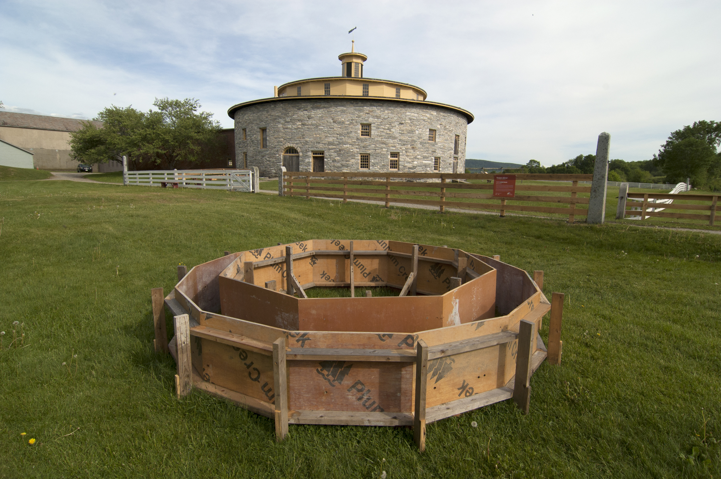 Eight into Fourteen, Fritz Horstman, 2015, 3 x 14 x 14', reclaimed construction material, commissioned by Hancock Shaker Village.