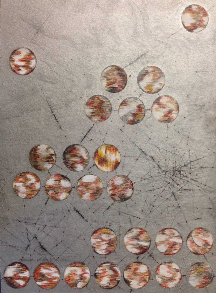 Connections I (collaboration); mixed media on wood (metallic acrylic, colored pencil, graphite) ; 2014