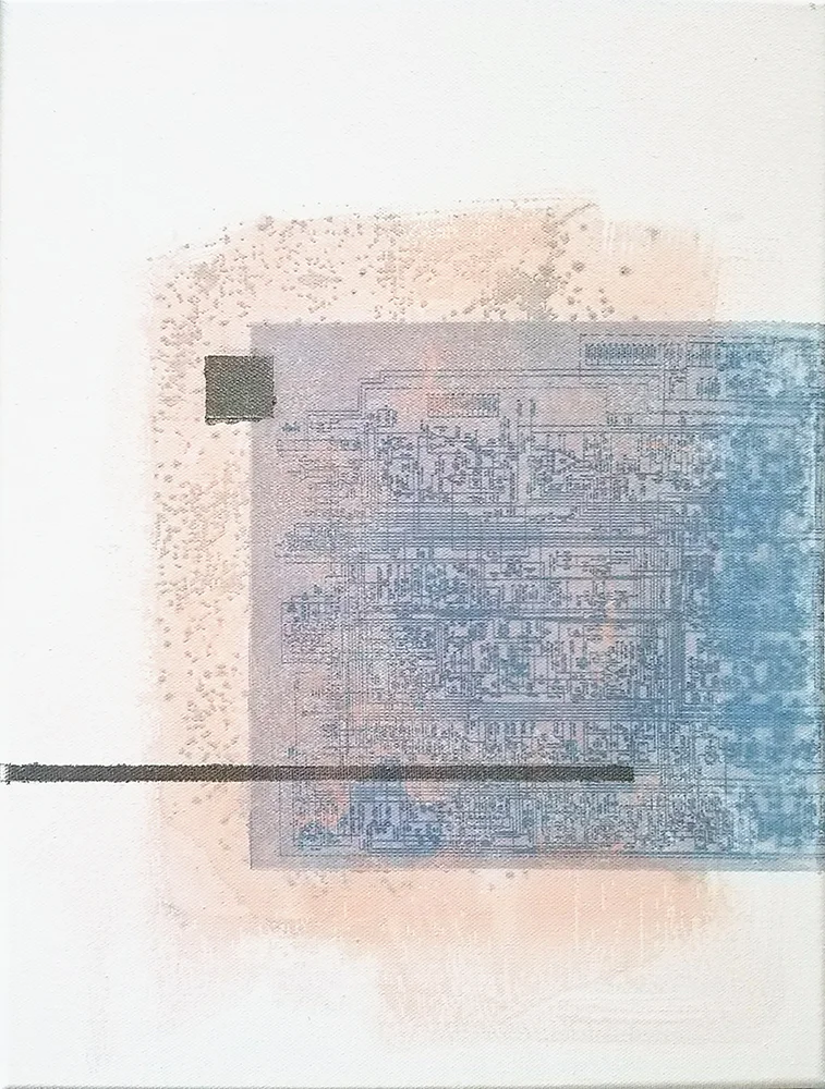 Connections VII; mixed media on canvas (metallic acrylic, Solarfast); 12x16”; 2018