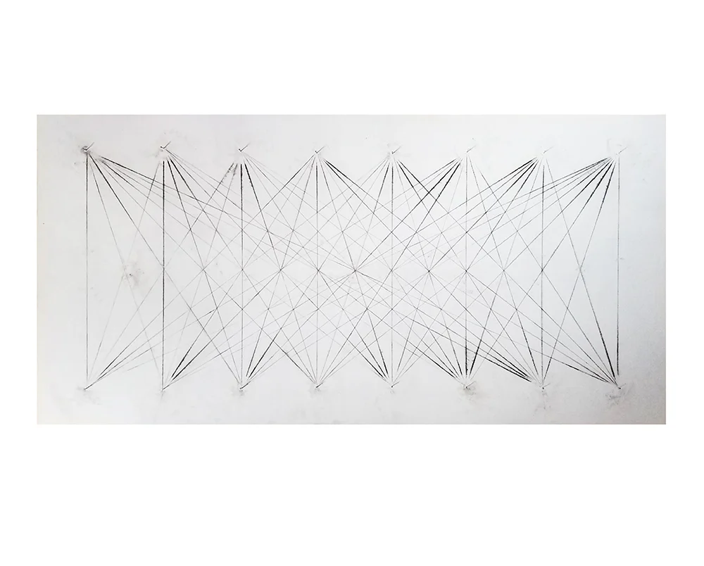 Connections III; construction snap-line chalk on wood panel; 24 x 48"; 2018