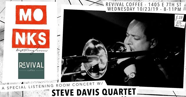 This Wednesday, October 23rd, don’t miss the legendary trombonist @stevedavis1967 for an intimate, listening-room style concert as part of our pop-up jazz series @revival.coffee:
Born in Worcester, MA in 1967, Davis was raised in Binghamton, NY and graduated in 1989 from Hartt School’s Jackie McLean Institute. It was with McLean’s guidance and recommendation that Davis landed his first major performance with Art Blakey in NYC.
Steve has released 20 albums including: Think Ahead (2017), Say When (2015), For Real & Gettin’ It Done (2014) featuring his longtime musical colleagues Larry Willis and Nat Reeves along with drummer Billy Williams, saxophonists Abraham Burton (For Real), Mike DiRubbo and trumpeter Josh Bruneau (Gettin’ It Done), in addition to over 100 recordings with names including: Chick Corea, Freddie Hubbard, Horace Silver, Cedar Walton, and Hank Jones. In 2018 his original composition “Optimism” was included in Christian McBride’s Grammy Award winning album “Bringin’ It”. Steve Davis’ latest release with his sextet “Correlations” (label: Smoke Sessions Records) features Joshua Bruneau, trumpet; Wayne Escoffery, tenor saxophone; Xavier Davis, piano; Dezron Dougles, bass; Jonathan Barber, drums; and Caro Baptista, percussion on “Batista Revenge”. visit --- stevedavismusic.com ----- @revival.coffee (1405 E 7th St.)
All Ages | $20/$15 Pre-sale
Doors @ 8pm
Sets @ 8:30pm & 10pm
Steve Davis - Trombone
@reggiebergmusic - Piano
#jamessuter - Double Bass
@fabio.augustinis - Drums
@violetsoundatx will be spinning fresh and classic vinyl before, between, and after sets.