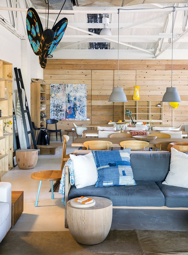 The Newport Showroom of Mark Tuckey. Styling Louella Tuckey. Photo Jason Busch. Stunning tones of Indigo, pendant lighting, solid timber stools and perfect styling by Louella.