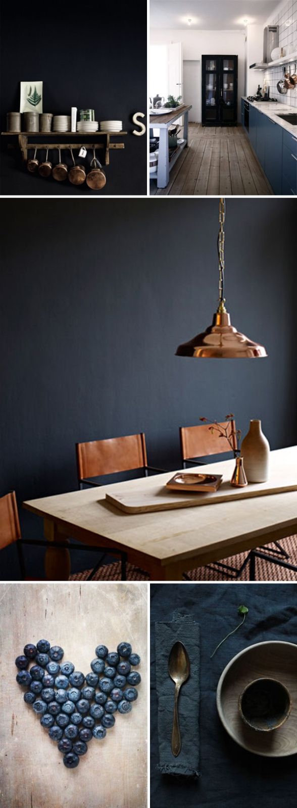 Copper light fixtures, inky hues, dark cabinetry and charcoal feature wall make for a beautifully styles moody interior.