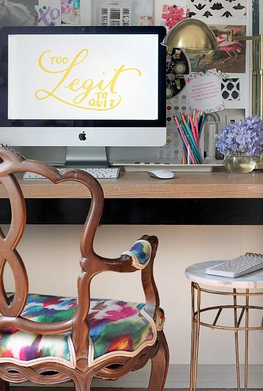 Too legit to quit! I love this space so much it made it to my Bright Eyed & Blog Hearted vision board! A beautifully covered chair, a wall covered with inspiration, and a cute copped legged stool.
