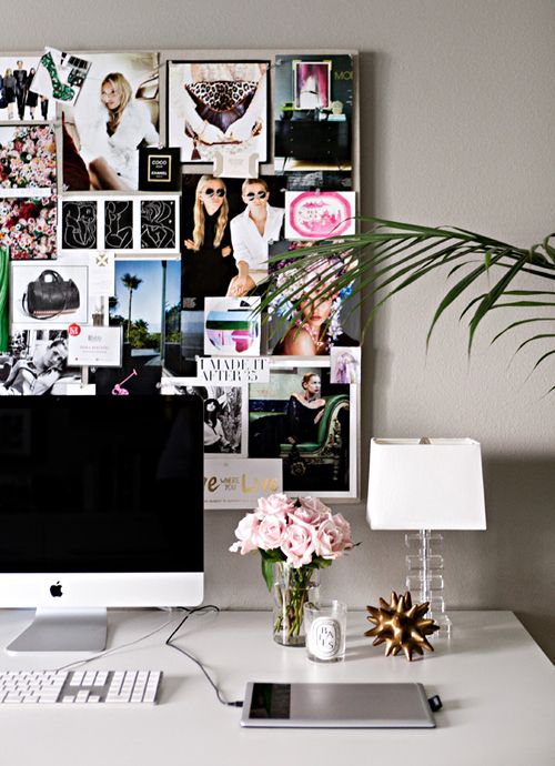 This office space is perfection. iMac, Roses, sweet scented candle and the Olsen twins. Bliss!